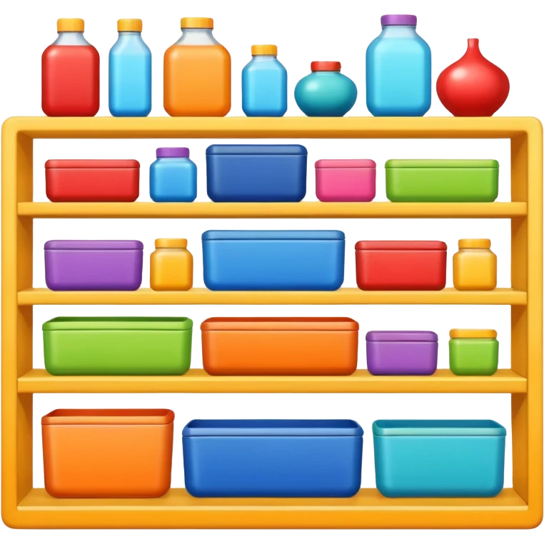 "Each product is stocked in multiple units placed directly behind one another on the same shelf, forming deep horizontal lines of identical items, while different product types are arranged vertically in separate columns." emoji