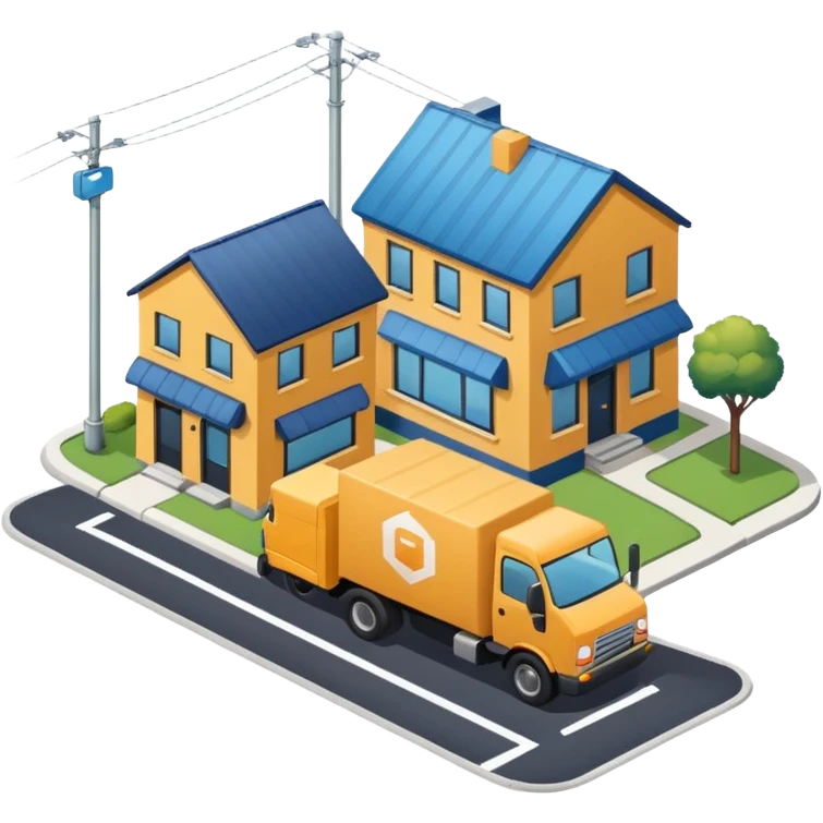 top view of a truck, a package, a residential house, and an industrial company side by side, all connected by street lines, clear symbols, friendly colors, neutral background emoji