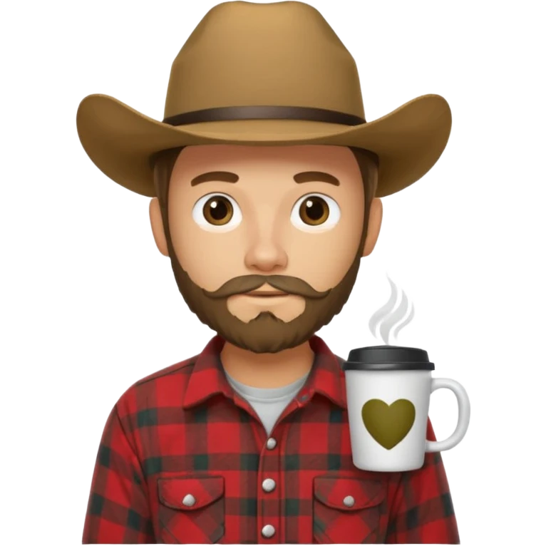 generate an ios genmoji of a 20 year old tan boy with a cowboy hat and mutton chop beard. Wearing a flannel and carrying a coffee mug emoji