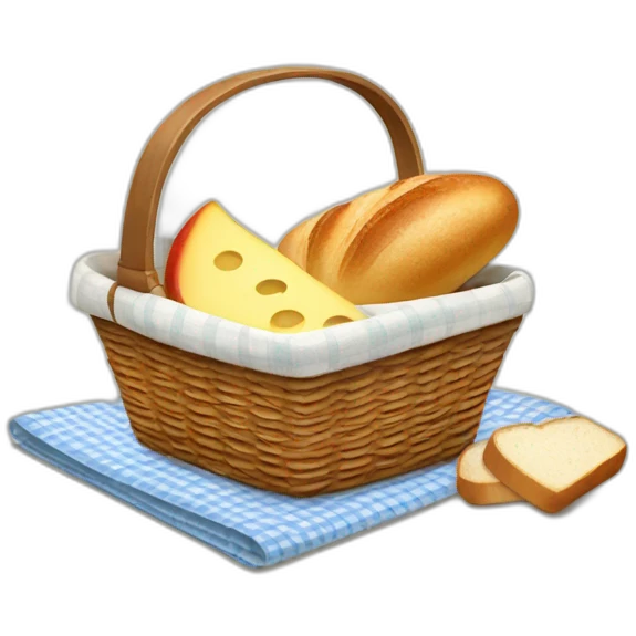 picnic basket with bread, cheese, and apple, with napkin  emoji