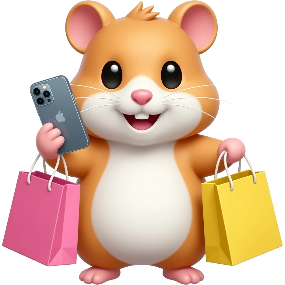 A hamster is talking on an iPhone and holding two shopping bags — one pink and the other yellow. emoji