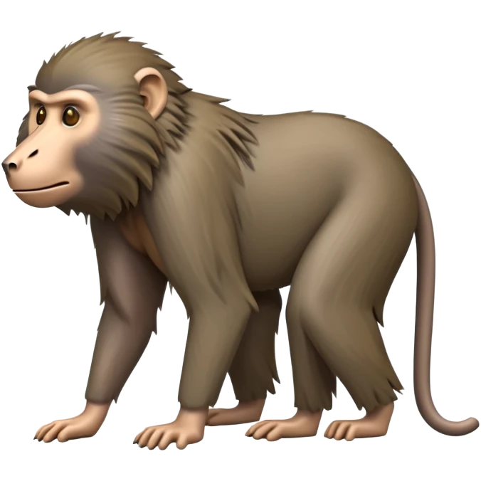 cinematic-hairy baboon-full-body-standing on all fours-emoji,-head-tilted-dramatically,-thick-grey-and-brown-fur,-simplified-yet-realistic-focused-features,-highly-detailed,-glowing-with-an-almost-sarcastic-glow emoji