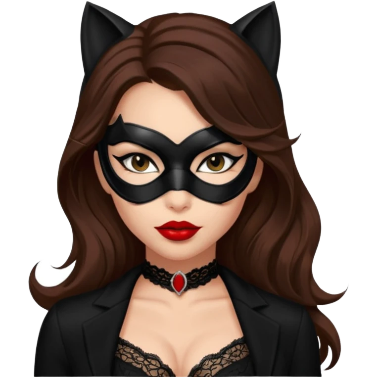 Catwoman capelli castani lunghi con mascherina di pizzo nero rossetto rosso e reggiseno nero emoji