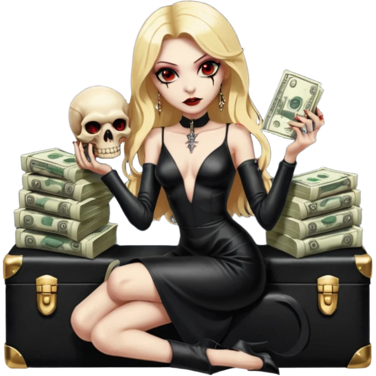 Lilith symbol red eye seductress evil shoulder length blonde haired sexy succubus woman with leather long dress with slit, sitting on a case of gold and cash. Black Platform high heels on feet. Tattoo sleeve arms, seat full of stacks of cash,  dead human skull of her enemies in her other hand emoji