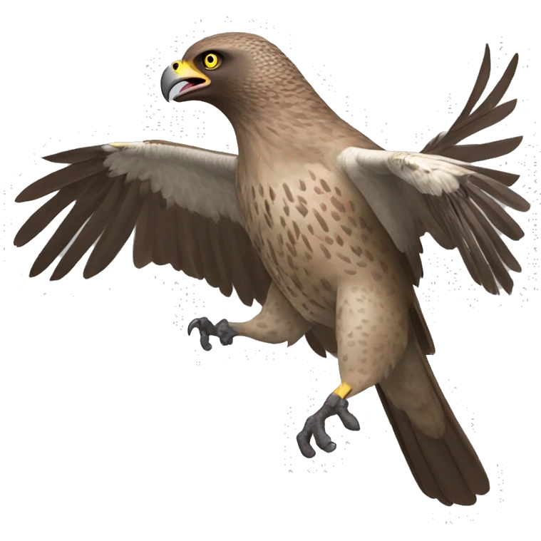 a brown goshawk attacking with his claws, beak open and he is turning right emoji