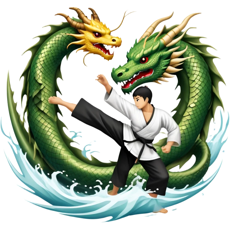 An icon symbolizing Eastern martial arts in the style of an emblem, featuring a black-and-white Yin-Yang symbol at the center and a powerful dragon wrapping around it. A martial artist is performing a fluid kick, surrounded by elements like a dojo and bamboo. Transparent background emoji