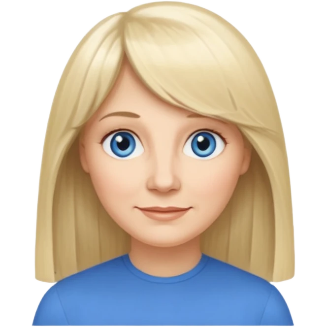 50 yr old white woman, curtain bangs, very long straight blond hair, oval face, small smile, blue eyes, thin face, hair down to elbows, round cheeks, pale emoji