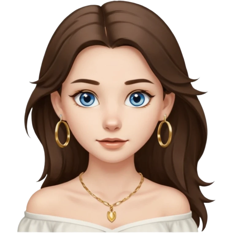 A pretty white girl with brunette hair blue eyes  thin gold hoop earrings and a matching gold necklace in a white shirt that cuts off the shoulders her hair is long and she has a wolf cut emoji
