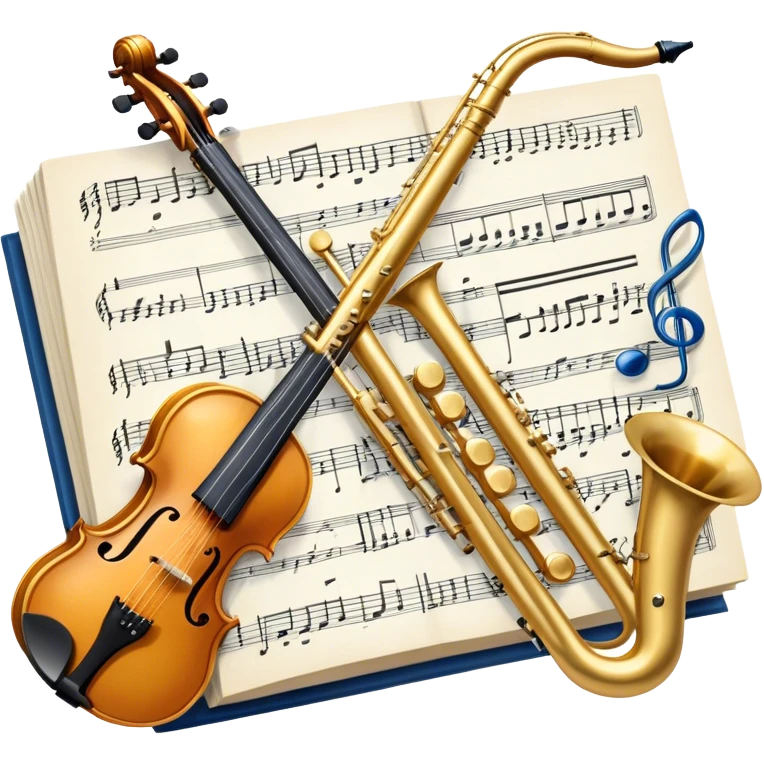 Create an elegant and artistic emoji that represents music arrangement and orchestration. The design should feature a conductor's baton, musical scores, and various orchestral instruments (e.g., violin, trumpet, electric guitar, synthesizer). Incorporate flowing lines to represent harmony and orchestral balance, along with a subtle representation of sheet music. Use rich, classical colors like gold, silver, or deep blue, and create an atmosphere of sophistication and precision. The background should be transparent. emoji