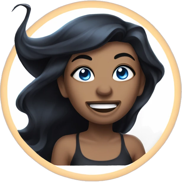 witch with black hair, blue eyes, and facial tattoos smiling ominously emoji