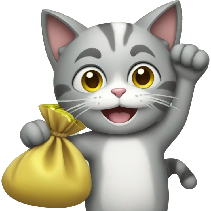 the cat waves its paw and holds a bag of money emoji