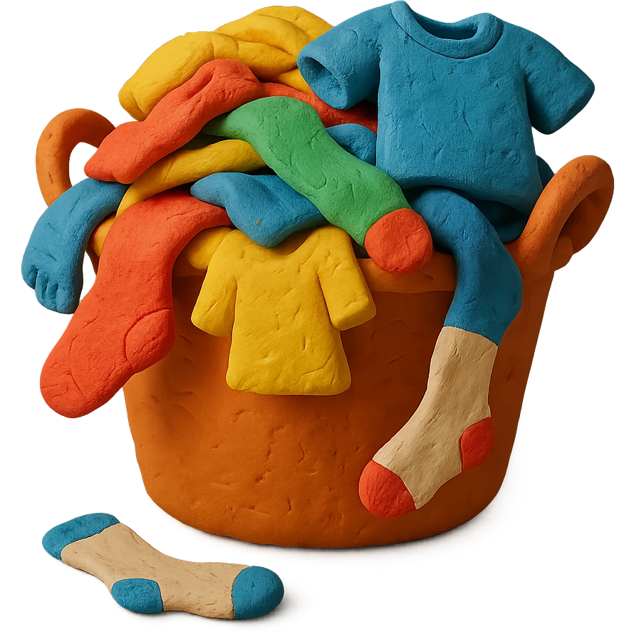 overflowing laundry basket, mix of socks and t-shirts, playful look, claymation style emoji