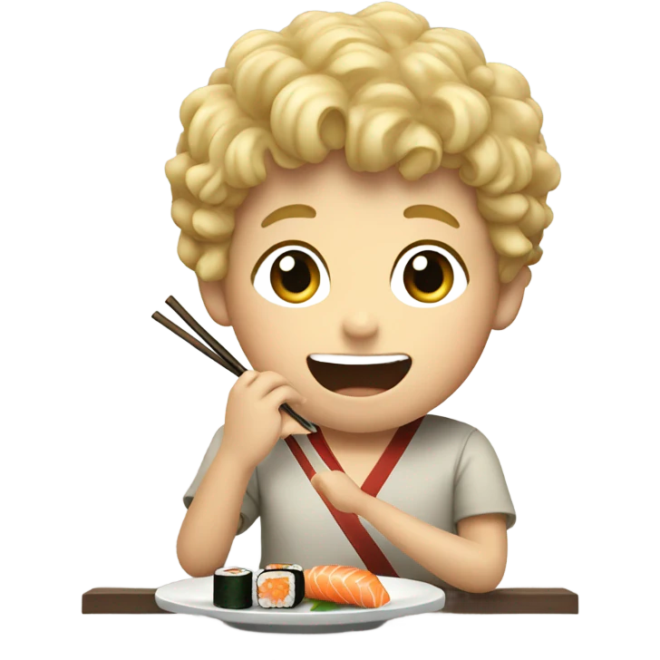 A blond boy with curly hair eating sushi emoji
