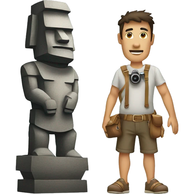 Guy standing at moai holding a camera emoji