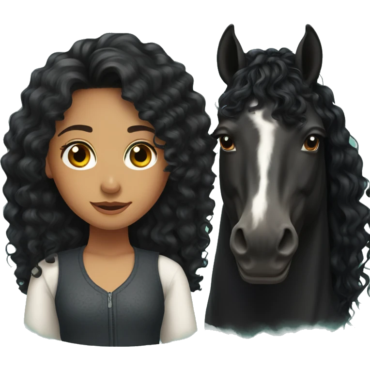 girl, long black curly hair, next to a black spanish horse emoji