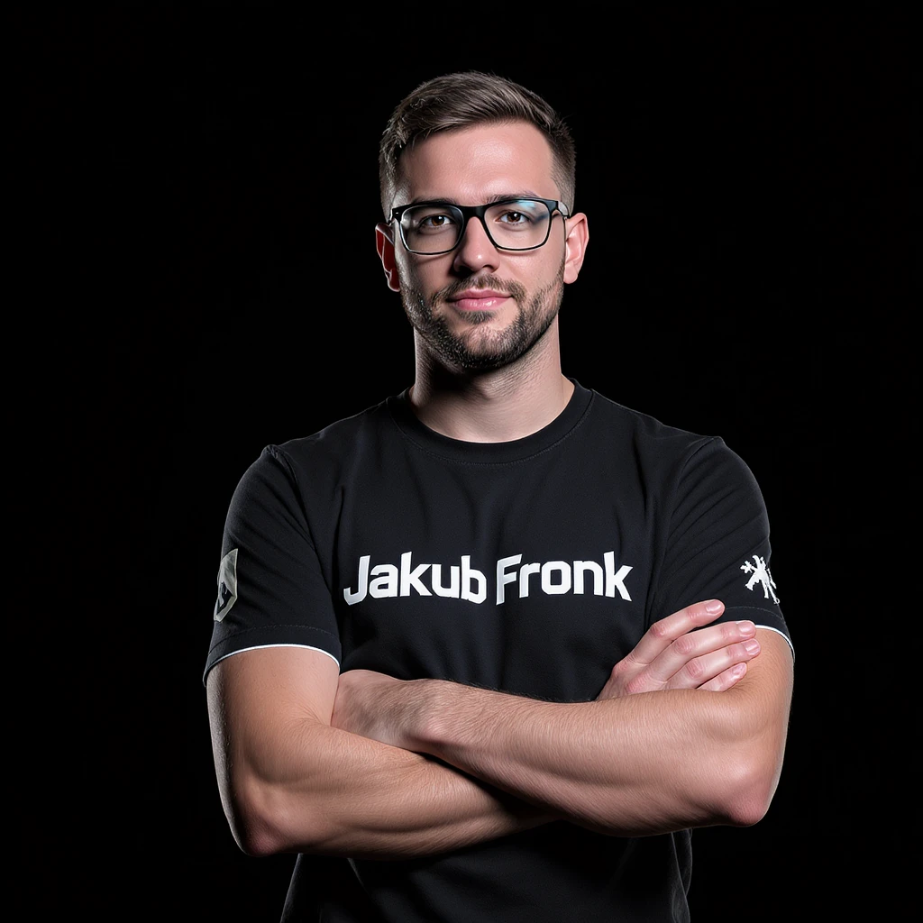 Csgo pro player profile proffesional photo, low key light back light, man standing crossed hands with tshirt with text "Jakub Fronk" black solid background emoji