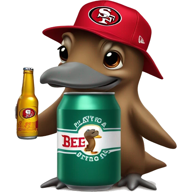 platypus in white 49ers hat and beer can emoji