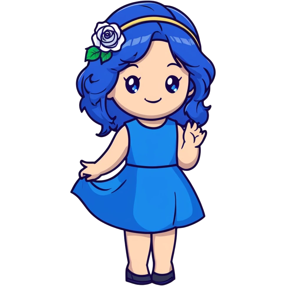 anime style girl with long dark blue hair, blue rose hair accessory, bright blue eyes, black dress, friendly smile emoji
