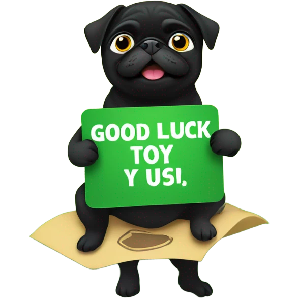 Black pug , surrounded by flowers, holding a green sign that says “good luck”  emoji