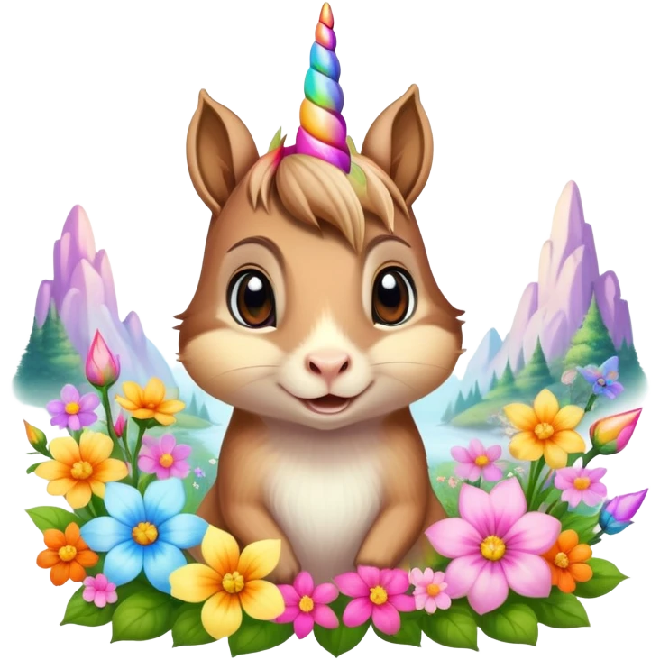 Picture of a chipmunk and very pretty unicorn in mystical land emoji