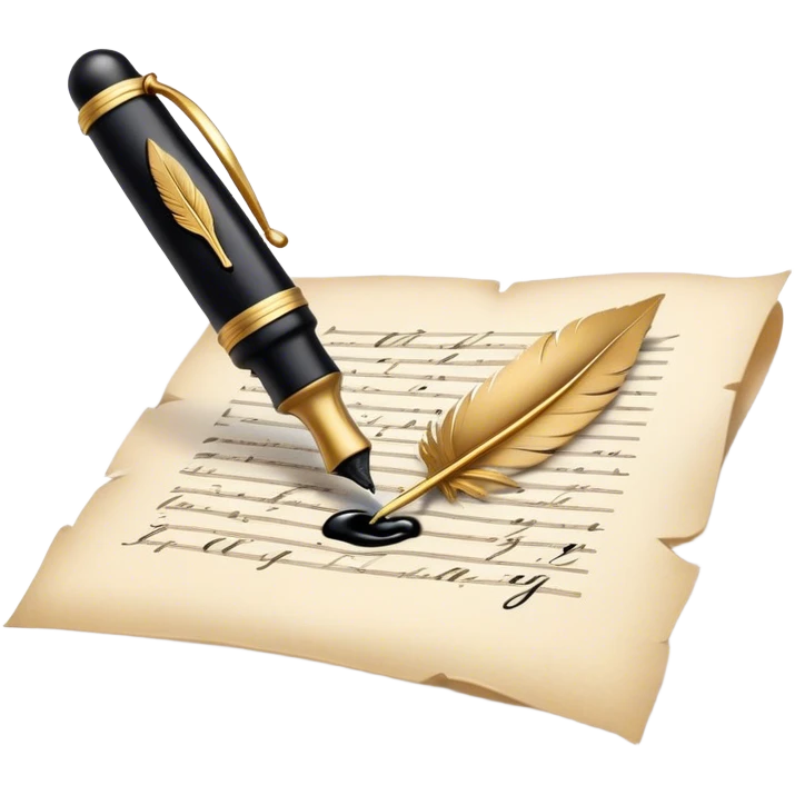 Create a delicate, artistic emoji representing poetry. The design should include a black fountain pen or quill with ink flowing gently onto a piece of parchment or scroll. Add soft, flowing lines to represent the fluidity of verse and creativity. Include elements like a small ink bottle or a feather in the background, and subtle accents of gold or silver to evoke elegance and inspiration. The overall design should feel light, romantic, and whimsical. Make the background transparent. emoji