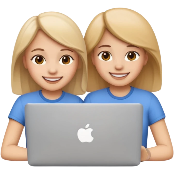 two girls side by side with a MacBook in front, smiling and happy, emoji style, based on reference image emoji