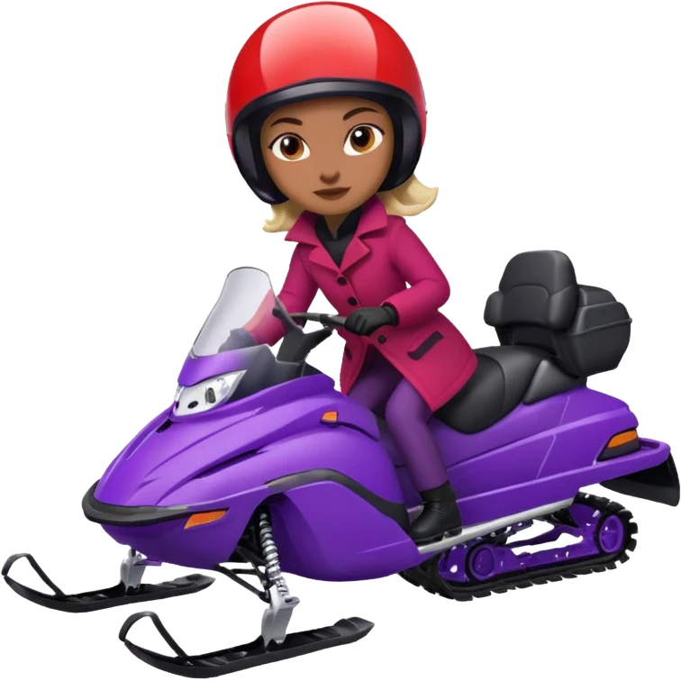 Woman wearing red coat  on purple snowmobile emoji