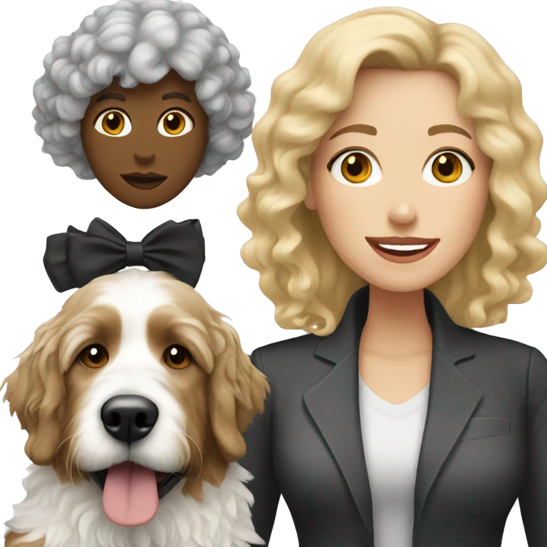 white woman with blonde hair with a large black and white bernedoodle emoji