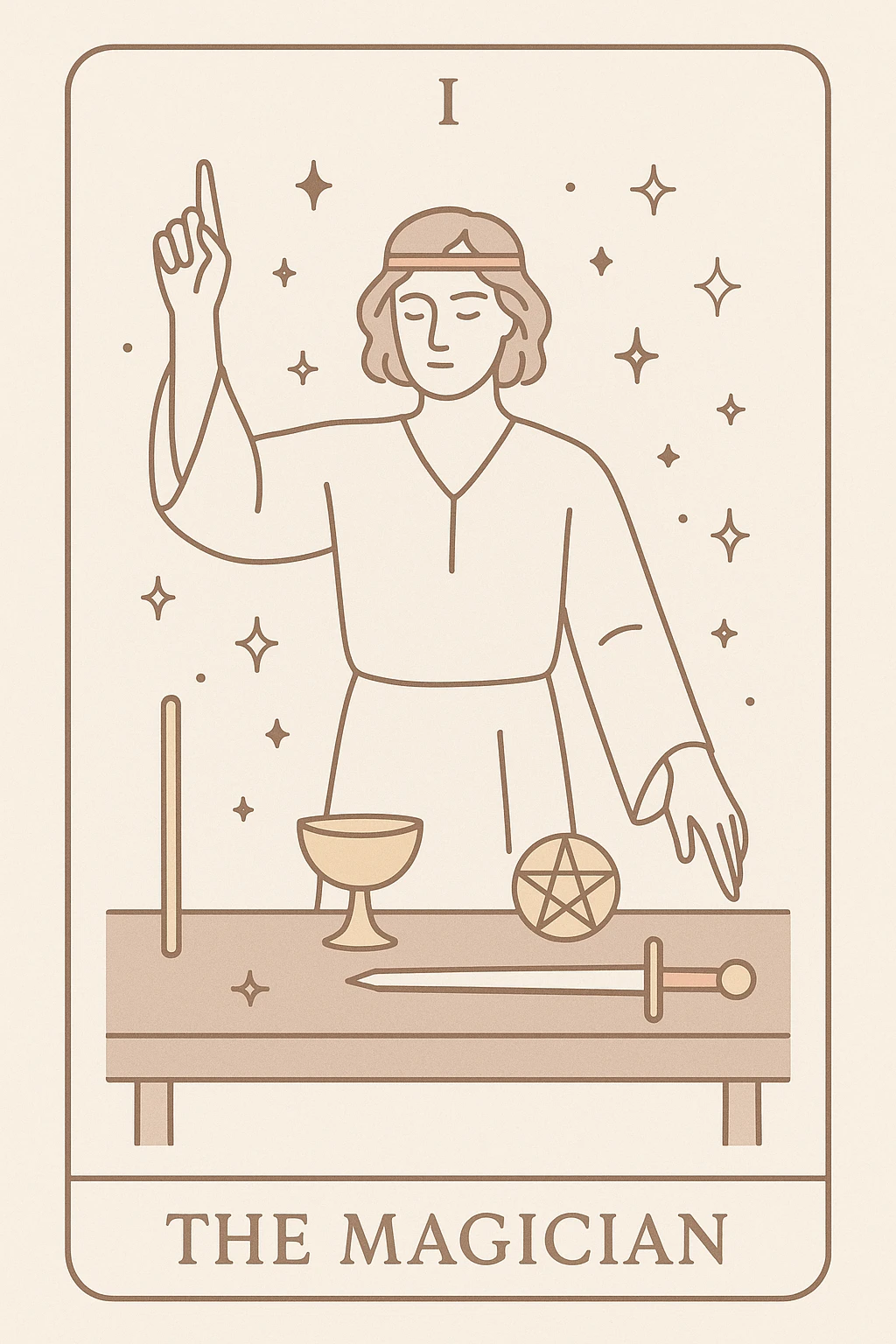 the magician tarot card, modern minimal style, simple lines, magician with one hand up and one down, subtle magical elements emoji