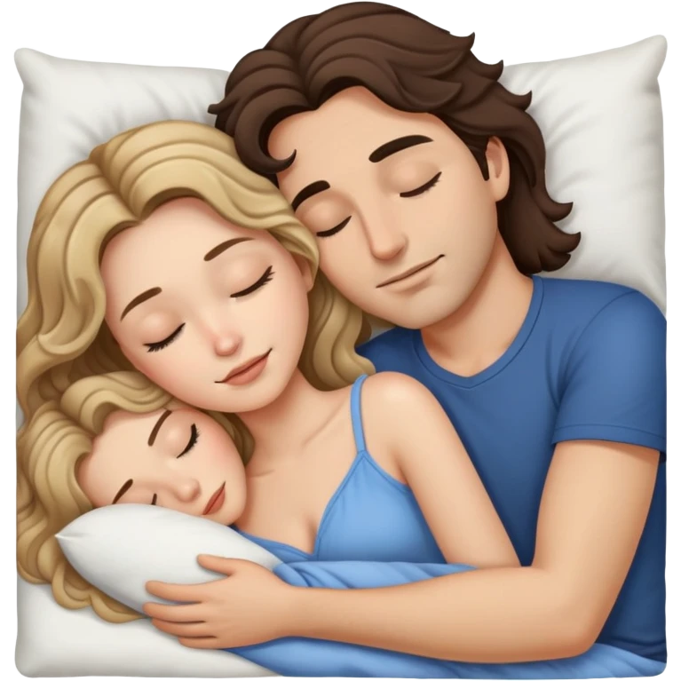 Man with dark brown wavy hair and woman with long dark blonde hair in bed cuddling and sleeping  emoji