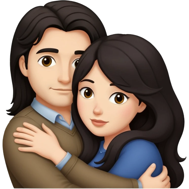 Man with dark long hair hugging a dark hair em curvy woman emoji