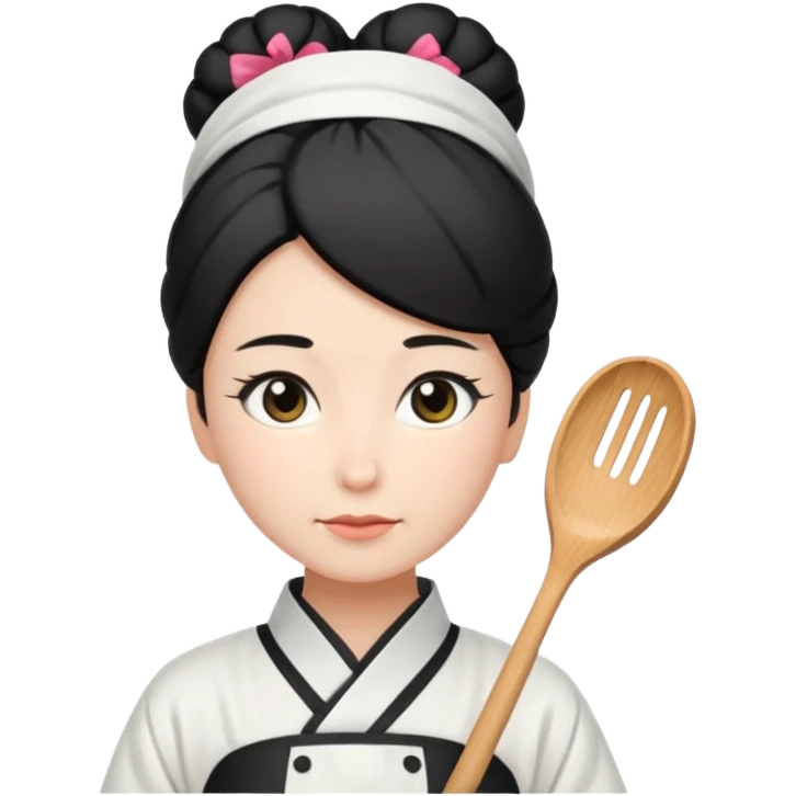 mom with black bun wearing white hom kimono and white apron emoji