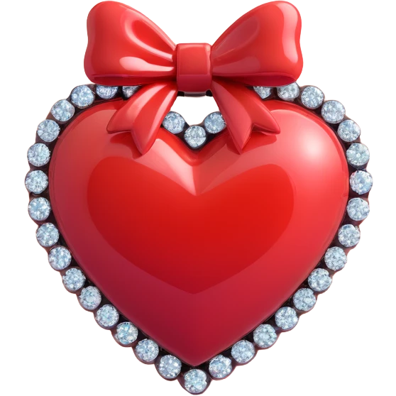 tiny red heart with a bow on top, pastel red enamel, sparkling gems, soft glowing effect emoji