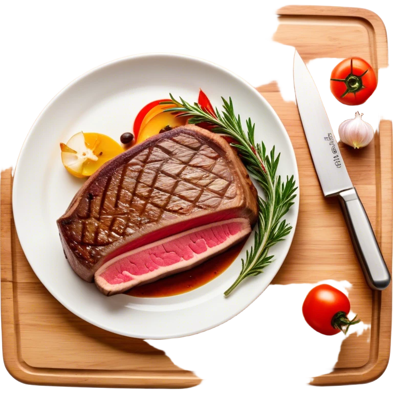 A photorealistic icon featuring a chef's hat, a cutting board with fresh ingredients, a knife, a plate with a well-plated dish, and a beautiful ribeye beef steak. Bright, detailed design with realistic textures and lighting. Transparent background, clearly symbolizing cooking and culinary arts. emoji