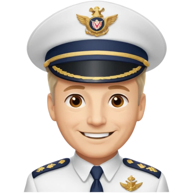 A light-skinned mid-aged man with brown eyes, smiling while wearing a white captain’s hat with a navy emblem. emoji