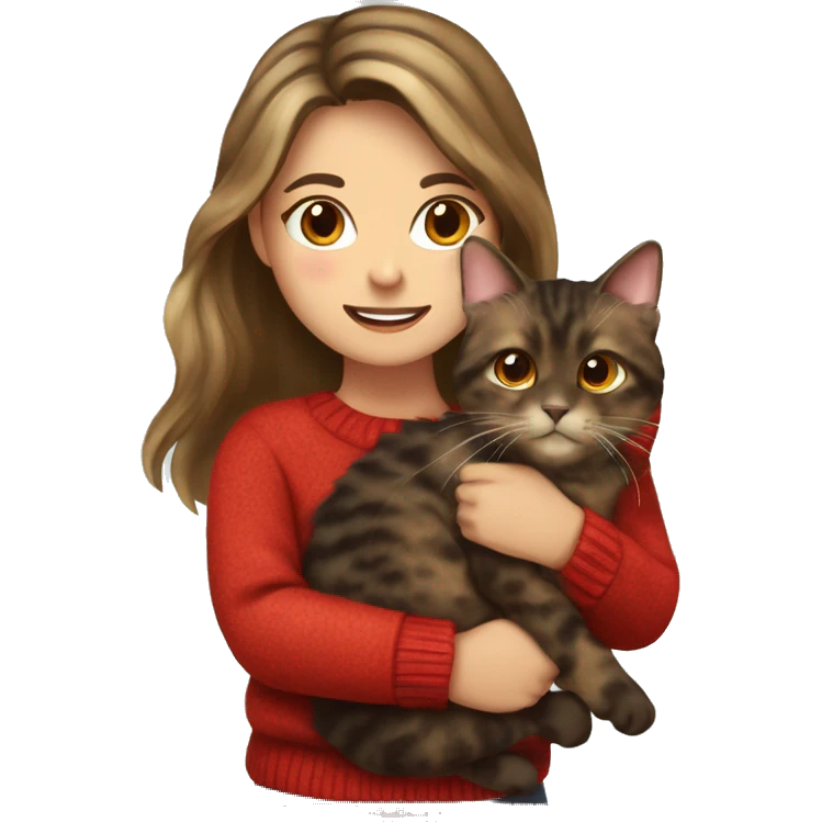 Tortoiseshell cat being held by a white girl with long wavy brown hair wearing a red sweater emoji