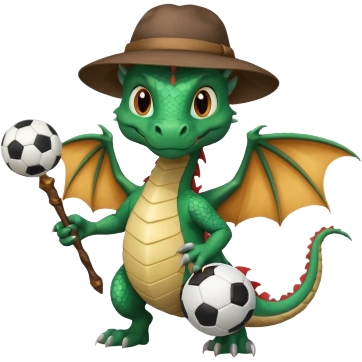 ein Drache mit einem Zauberstab in der Hand  und einem Hud  auf dem kopf und ein Fussball in der anderen hand emoji