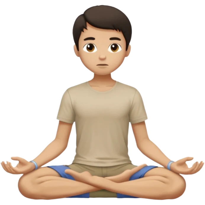 rapaz magro cabelo escuro, camiseta bege e  bermuda bege escuro, corpo inteiro meditan emoji