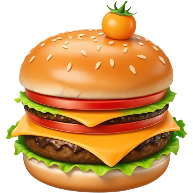 A cute 3D emoji-style burger with glossy finish, shiny bun with sesame seeds, melted cheese, fresh lettuce, smooth cartoon design, soft lighting, clean background, high-quality modern emoji look. emoji