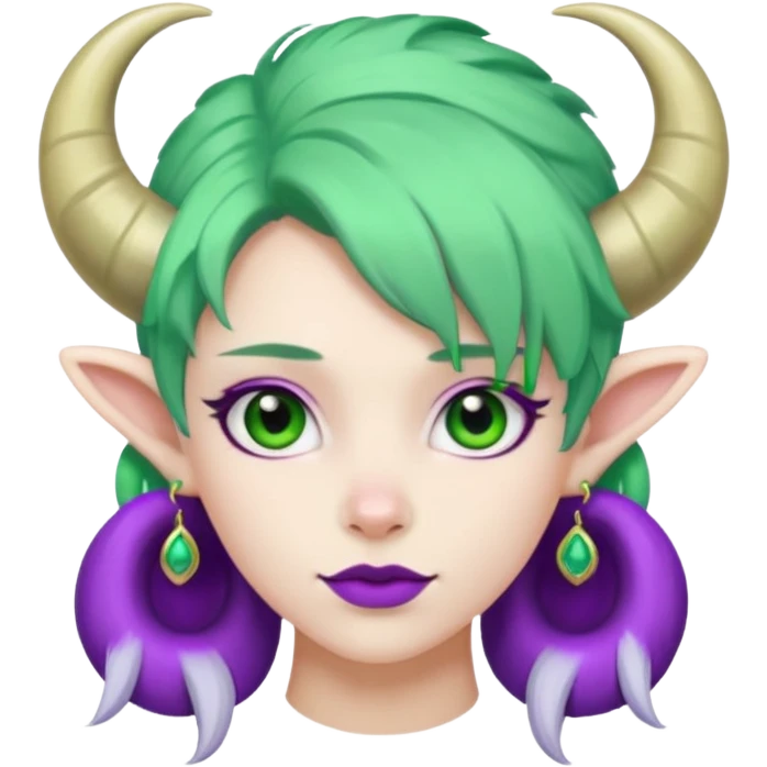 white furred unicorn with green hair and big purple earrings looking into camera and big horn and big earrings emoji