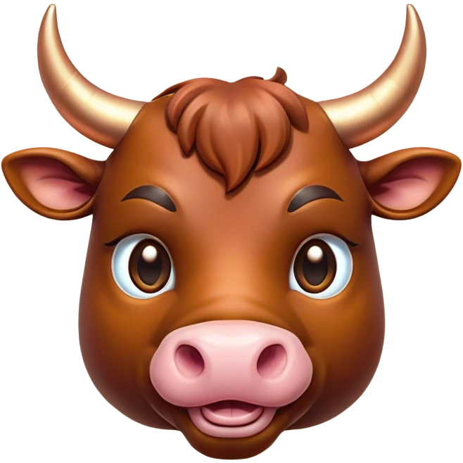 Cinematic Cute Domestic Bull Portrait Emoji, Head tilted playfully and inquisitively, with a sturdy, compact build and a smooth, polished coat of rich copper and brown hues accentuated by gently curved horns, round, sparkling eyes full of curious determination, Simplified yet irresistibly adorable features, highly detailed, glowing with a warm, friendly glow, high shine, affectionate and spirited, stylized with a touch of rustic charm, soft glowing outline, capturing the essence of a mischievous yet loving domestic bull that feels like it could trot out of the screen and into your arms! emoji