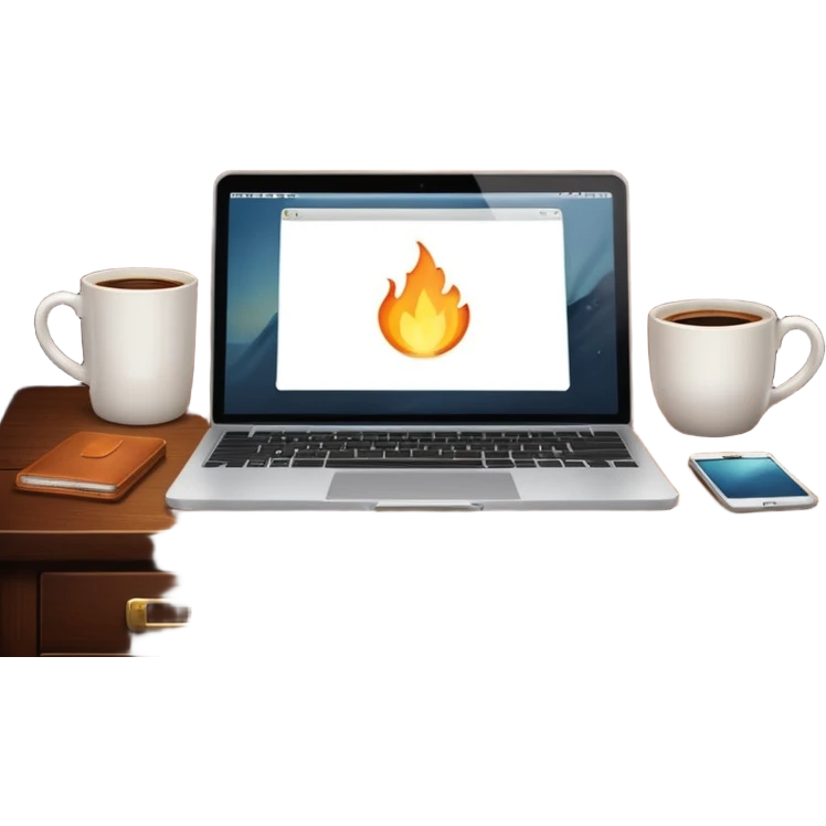 Open laptop on a desk next to a steaming coffee mug emoji