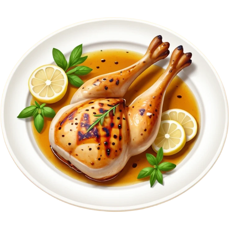 Draw a grilled chicken leg on a plate with herbs & lemon slices. emoji