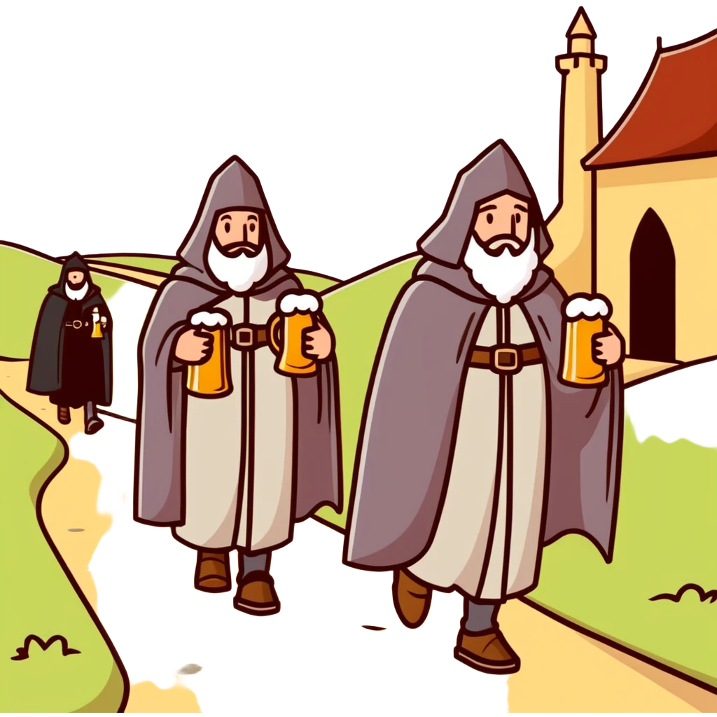 medieval pilgrims walking on a journey path with cloaks and beer bottles emoji