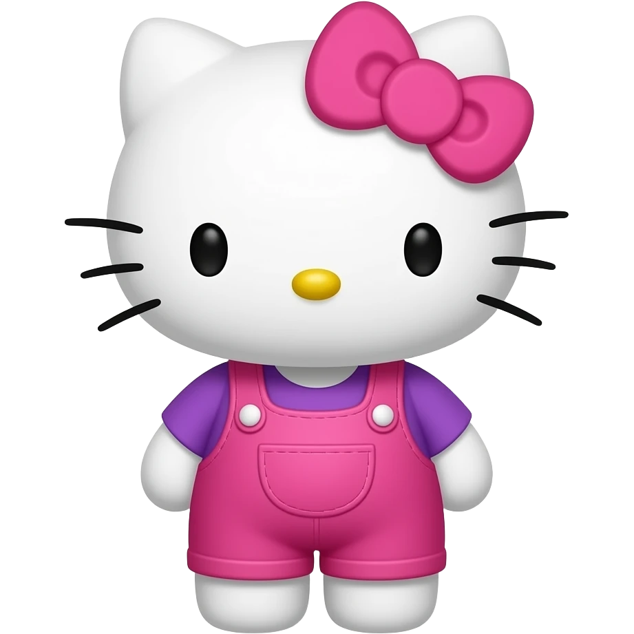 Hello Kitty wearing hot pink overalls and a purple shirt with a hot pink bow emoji