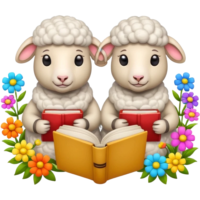 2 sheep reading books + flowers emoji