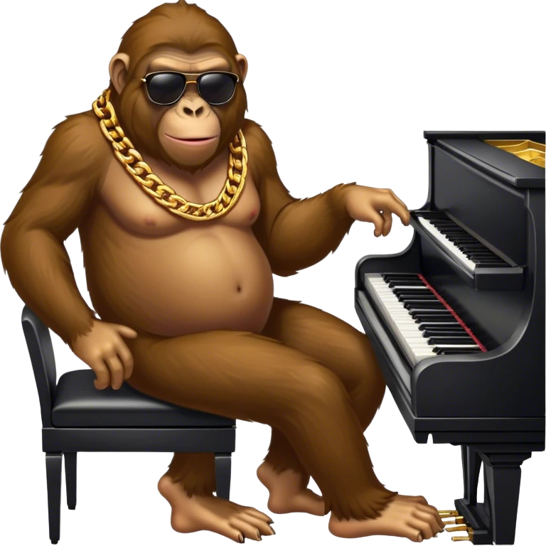 ape with big golden chain on the neck wearing sunglasses plays piano full height emoji