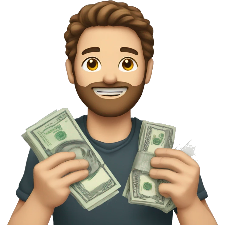 A sticker of a guy with brown hair and a beard holding money in his hands emoji