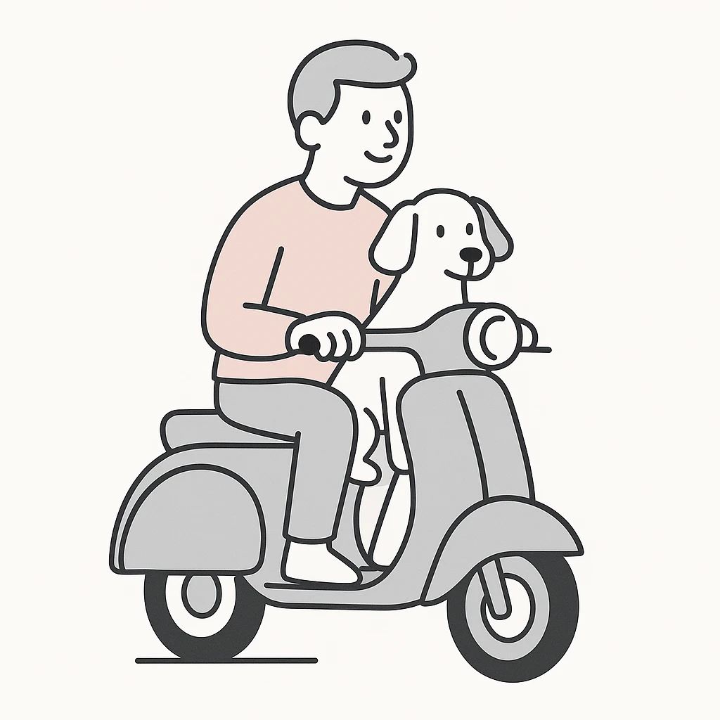 man and his pet dog riding a vespa emoji
