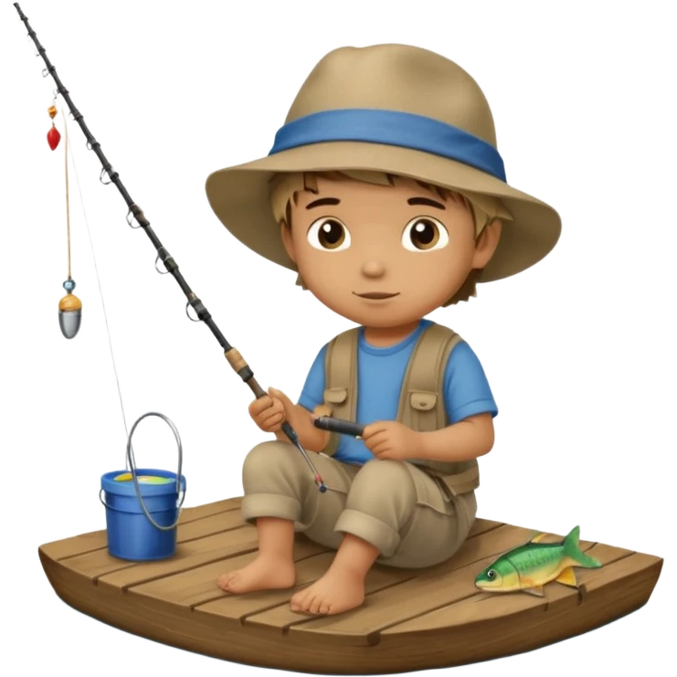 Little boy sitting on the dock fishing, felt texture, scrapbooking emoji